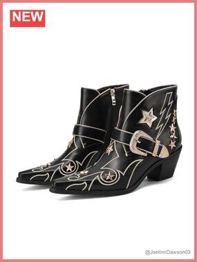 Western Ankle Boots Pointed Toe Low Heel Faux Leather Cowgirl Boots